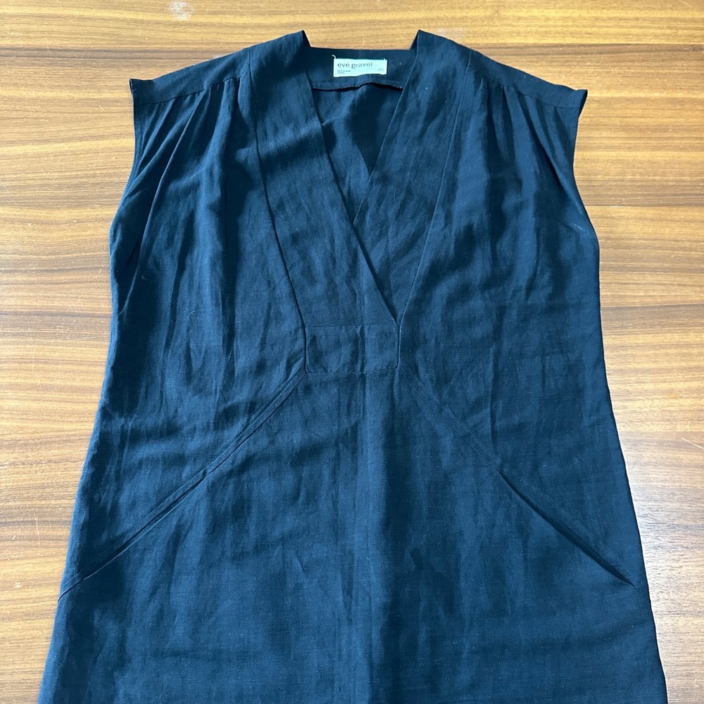 Eve Gravel Byblos Shift Dress Black Linen Blend Small V-Neck Pockets Minimalist - Picture 7 of 13